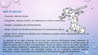TIPOS DE AMISTAD
· Conocido: relación circular
· Compañero: relación circular, con objetivos en común a corto plazo.
· Amigote: compañero de entretenimiento.
· Amigo: relación de afinidad profunda pero sin compromiso mutuo.
· Amigo Intimo: relación de afinidad con compromisos puedo confiar absolutamente en él y la
confianza es recíproca.
La amistad es un valor universal, sin el cual, una persona difícilmente podrá sobrevivir. El
adolescente, necesita a alguien de su misma edad y sexo, para compartir la pesada carga, de
todas las dudas que le surgen constantemente. Ha de ser alguien que él vea como "un igual",
con sus mismos problemas e inquietudes. Por eso no vale como amigo un padre o profesor, ya
que éstos están investidos de autoridad aunque no lo pretendan. Además (padres,
profesores...) tienen otro papel muy importante y necesario en la vida del adolescente.
 