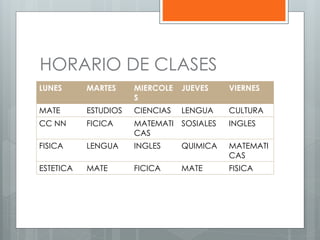 HORARIO DE CLASES
LUNES MARTES MIERCOLE
S
JUEVES VIERNES
MATE ESTUDIOS CIENCIAS LENGUA CULTURA
CC NN FICICA MATEMATI
CAS
SOSIALES INGLES
FISICA LENGUA INGLES QUIMICA MATEMATI
CAS
ESTETICA MATE FICICA MATE FISICA