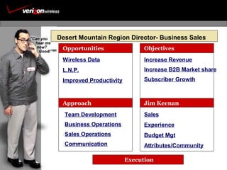 Opportunities Objectives
Approach Jim Keenan
Desert Mountain Region Director- Business Sales
Increase Revenue
Increase B2B Market share
Subscriber Growth
Team Development
Business Operations
Sales Operations
Communication
Wireless Data
L.N.P.
Improved Productivity
Sales
Experience
Budget Mgt
Attributes/Community
Execution
 
