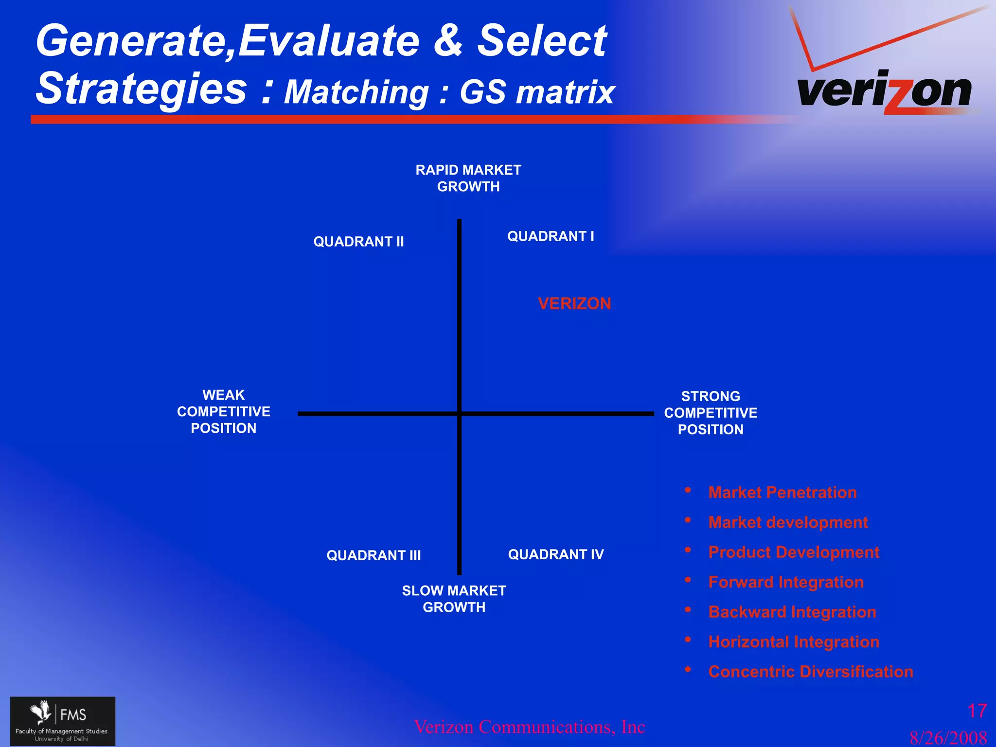 Generate,Evaluate & Select
Strategies : Matching : GS matrix
      g             g

                                    RAPID MARKET
                                      GROWTH


                      QUADRANT II             QUADRANT I



                                                   VERIZON




          WEAK                                                      STRONG
        COMPETITIVE                                               COMPETITIVE
         POSITION                                                  POSITION



                                                                    •   Market Penetration
                                                                    •   Market development
                       QUADRANT III           QUADRANT IV           •   Product Development

                                SLOW MARKET
                                                                    •   Forward Integration
                                  GROWTH                            •   Backward Integration
                                                                    •   Horizontal Integration
                                                                    •   Concentric Diversification

                                                                                                        17
                                    Verizon Communications, Inc
                                                                                                 8/26/2008
 