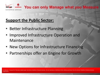 You can only Manage what you Measure


        Support the Public Sector:
        • Better Infrastructure Planning
        • Improved Infrastructure Operation and
          Maintenance
        • New Options for Infrastructure Financing
        • Partnerships offer an Engine for Growth


 Confidential. Prepared for Telematics Update Japan by Verizon-Vodafone Enterprise Services. Do not reproduce or distribute further without permission from the Verizon-Vodafone Enterprise Services
 organization.
Confidential and proprietary materials for authorized Verizon personnel and outside agencies only. Use, disclosure or distribution of this material is not permitted to any unauthorized persons or third parties except by written agreement.   29
 