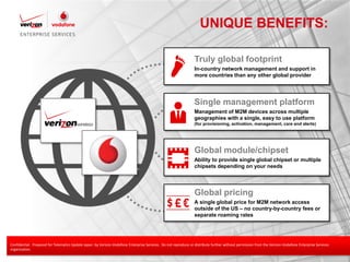 UNIQUE BENEFITS:

                                                                                                                                       Truly global footprint
                                                                                                                                       In-country network management and support in
                                                                                                                                       more countries than any other global provider




                                                                                                                                       Single management platform
                                                                                                                                       Management of M2M devices across multiple
                                                                                                                                       geographies with a single, easy to use platform
                                                                                                                                       (for provisioning, activation, management, care and alerts)




                                                                                                                                       Global module/chipset
                                                                                                                                       Ability to provide single global chipset or multiple
                                                                                                                                       chipsets depending on your needs




                                                                                                                                       Global pricing
                                                                                                                                       A single global price for M2M network access
                                                                                                                                       outside of the US – no country-by-country fees or
                                                                                                                                       separate roaming rates




 Confidential. Prepared for Telematics Update Japan by Verizon-Vodafone Enterprise Services. Do not reproduce or distribute further without permission from the Verizon-Vodafone Enterprise Services
 organization.
Confidential and proprietary materials for authorized Verizon personnel and outside agencies only. Use, disclosure or distribution of this material is not permitted to any unauthorized persons or third parties except by written agreement.   30
 