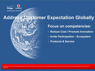 Address Customer Expectation Globally
Address Customer Expectation Globally
                                                                                                                     Focus on competencies:
                                                                                                                      Focus on competencies:
                                                                                                                     • Reduce Cost / Promote Innovation
                                                                                                                      • Reduce Cost / Promote Innovation
                                                                                                                     • Invite Participation – Ecosystem
                                                                                                                      • Invite Participation – Ecosystem
                                                                                                                     • Products & Service
                                                                                                                      • Products & Service




 Confidential. Prepared for Telematics Update Japan by Verizon-Vodafone Enterprise Services. Do not reproduce or distribute further without permission from the Verizon-Vodafone Enterprise Services
 organization.
Confidential and proprietary materials for authorized Verizon personnel and outside agencies only. Use, disclosure or distribution of this material is not permitted to any unauthorized persons or third parties except by written agreement.   32
 