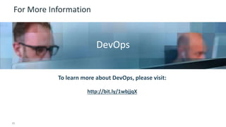 For More Information 
Insert appropriate screenshot and text overlay 
from following “More Info Graphics” slide here; 
DevOps 
ensure it links to correct page 
To learn more about DevOps, please visit: 
http://bit.ly/1wbjjqX 
15 © 2014 CA. ALL RIGHTS RESERVED. 
 