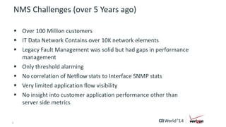 NMS Challenges (over 5 Years ago) 
 Over 100 Million customers 
 IT Data Network Contains over 10K network elements 
 Legacy Fault Management was solid but had gaps in performance 
management 
 Only threshold alarming 
 No correlation of Netflow stats to Interface SNMP stats 
 Very limited application flow visibility 
 No insight into customer application performance other than 
server side metrics 
7 © 2014 CA. ALL RIGHTS RESERVED. 
 