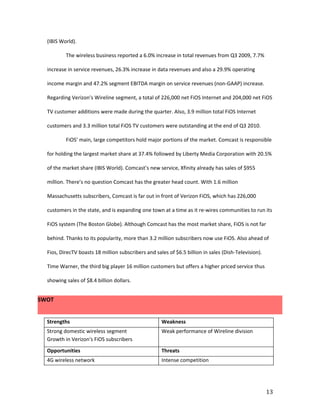 (IBIS World).

          The wireless business reported a 6.0% increase in total revenues from Q3 2009, 7.7%

  increase in service revenues, 26.3% increase in data revenues and also a 29.9% operating

  income margin and 47.2% segment EBITDA margin on service revenues (non-GAAP) increase.

  Regarding Verizon's Wireline segment, a total of 226,000 net FiOS Internet and 204,000 net FiOS

  TV customer additions were made during the quarter. Also, 3.9 million total FiOS Internet

  customers and 3.3 million total FiOS TV customers were outstanding at the end of Q3 2010.

          FiOS’ main, large competitors hold major portions of the market. Comcast is responsible

  for holding the largest market share at 37.4% followed by Liberty Media Corporation with 20.5%

  of the market share (IBIS World). Comcast’s new service, Xfinity already has sales of $955

  million. There’s no question Comcast has the greater head count. With 1.6 million

  Massachusetts subscribers, Comcast is far out in front of Verizon FiOS, which has 226,000

  customers in the state, and is expanding one town at a time as it re-wires communities to run its

  FiOS system (The Boston Globe). Although Comcast has the most market share, FiOS is not far

  behind. Thanks to its popularity, more than 3.2 million subscribers now use FiOS. Also ahead of

  Fios, DirecTV boasts 18 million subscribers and sales of $6.5 billion in sales (Dish-Television).

  Time Warner, the third big player 16 million customers but offers a higher priced service thus

  showing sales of $8.4 billion dollars.


SWOT


  Strengths                                          Weakness
  Strong domestic wireless segment                   Weak performance of Wireline division
  Growth in Verizon's FiOS subscribers
  Opportunities                                      Threats
  4G wireless network                                Intense competition




                                                                                                      13
 