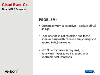 Cloud Svcs. Co.
Dual MPLS Scenario
PROBLEM:
• Current network is an active – backup MPLS
design.
• Load sharing is not an option due to the
unequal bandwidth between the primary and
backup MPLS networks.
• MPLS performance is required, but
bandwidth needs to be increased with
negligible cost increases.
16
 