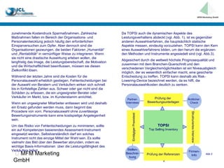 zunehmende Kostendruck Sparmaßnahmen. Zahlreiche                   Da TOPSI auch die dynamischen Aspekte des
Maßnahmen fallen im Bereich der Organisations- und                 Leistungsverhaltens abdeckt (vgl. Abb. 1), ist es gegenüber
Personalentwicklung jedoch häufig den erforderlichen               anderen Auswahlverfahren, die hauptsächlich statische
Einsparversuchen zum Opfer. Aber dennoch sind die                  Aspekte messen, eindeutig vorzuziehen. TOPSI kann den Kern
Organisationen gezwungen, die beiden Faktoren „Humanität“          eines Auswahlverfahrens bilden, um den herum die ergänzen-
und „Rentabilität“ in vernünftiger Weise zu integrieren. Wenn      den Methoden und Instrumente angesiedelt sind (vgl. Abb.3).
sie nicht eine drastische Auswirkung erleben wollen, die
                                                                   Abgesichert durch die weltweit höchste Prognosequalität und
langfristig das Image, die Leistungsbereitschaft, die Motivation
                                                                   zusammen mit dem Branchen-Querschnitt und den
und die Wirtschaftlichkeit beeinflussen, müssen sie diesen
                                                                   verschiedenen Vergleichsmöglichkeiten ist ein Niveauabgleich
Zielkonflikt lösen.
                                                                   möglich, der es wesentlich einfacher macht, eine gesicherte
Während der letzten Jahre sind die Kosten für die                  Entscheidung zu treffen. TOPSI kann deshalb als Risk-
Personalauswahl erheblich gestiegen. Fehlentscheidungen bei        Lowering-Device bezeichnet werden, da es hilft, die
der Auswahl von Beratern und Verkäufern wirken sich schnell        Personalauswahlkosten deutlich zu senken.
bis in fünfstellige Zahlen aus. Schwer oder gar nicht sind die
Schäden zu erfassen, die ein ungeeigneter Berater oder
Verkäufer im Markt, bzw. im Kundenstamm anrichtet.                                                   Prüfung der
                                                                      Partner-                                            Ärztlicher
Wenn ein ungeeigneter Mitarbeiter entlassen wird und deshalb         Interviews                  Bewerbungsunterlagen      Check
ein Ersatz gefunden werden muss, dann beginnt das
Procedere von vorn. Personalauswahl ohne zuverlässige




                                                                                                                            Strukturiertes Interview
                                                                         Eintägiger Praxistest
Bewertungsinstrumente kann eine kostspielige Angelegenheit
sein.
Um das Risiko von Fehlentscheidungen zu minimieren, sollte                                              TOPSI
ein auf Kompetenzen basierendes Assessment-Instrument                                             Top Selling Inventory
eingesetzt werden. Selbstverständlich darf ein solches
Instrument nicht das einzige Mittel der Wahl sein. Es sollte
vielmehr das Bild über den Bewerber abrunden, indem es
wichtige Basis-Informationen über die Leistungsfähigkeit des
Verkäufers liefert.                                                   Stellen-
                                                                                                                          Firmen-
  MFM Marketing                                                     Beschrei-                   Prüfung der Referenzen     Info                       Abb.3
                                                                       bung
 GmbH                                                                                                       7
 