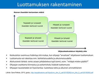 Luottamuksen rakentaminen
• Keskustelun avoimuus lisääntyy sitä mukaa, kun ohjaaja ”ansaitsee” ohjattavan luottamuksen
• Luottamusta voi rakentaa mm. kohteliaisuudella ja aikuismaisuudella
• Aloitusviesti tärkeä: rento asiaan johdatteleva tyyli toimii, esim. ”mitäpä mielen päällä?”
• Ohjaajan osoittama kiinnostus ja auttamishalu lisäävät luottamusta
• Ohjaajan taustatiedot on hyvä kertoa: luotettava taho ja aikuinen ammattilainen
Lähde: Sara Peltola, 2015, gradu, http://epublications.uef.fi/pub/urn_nbn_fi_uef-20150262/urn_nbn_fi_uef-20150262.pdf
 