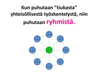 Kun puhutaan ”tiukasta”
yhteisöllisestä työskentelystä, niin
puhutaan ryhmistä.
 
