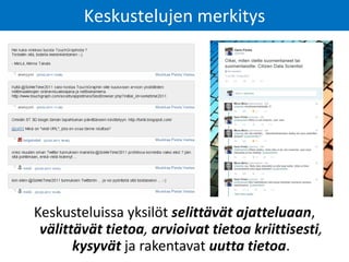 Keskusteluissa yksilöt selittävät ajatteluaan,
välittävät tietoa, arvioivat tietoa kriittisesti,
kysyvät ja rakentavat uutta tietoa.
Keskustelujen merkitys
 