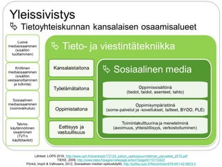 Lähteet: LOPS 2016, http://www.oph.fi/download/172124_lukion_opetussuunnitelman_perusteet_2015.pdf
TIEKE, 2009, http://www.tieke.fi/pages/viewpage.action?pageId=15110422
Pönkä, Impiö & Vallivaara, 2012, Sosiaalisen median opetuskäyttö, http://jultika.oulu.fi/Record/isbn978-951-42-9823-3
 
