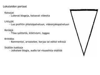 Katsojat - Lukevat blogeja, katsovat videoita Liittyjät - Luo profiilin yhteisöpalveluun, videonjakopalveluun,  Kerääjä - Tilaa syötteitä, kliktivismi, taggaa Kriitikko - Kommentoi, arvostelee, korjaa tai editoi wikissä Sisällön tuottaja - Julkaisee blogia, audio tai visuaalista sisältöä Lukutaidon portaat 