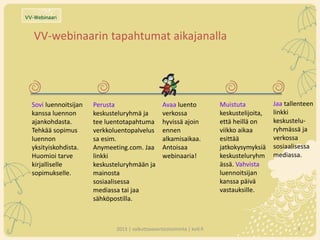 2013 | vaikuttavavertaistoiminta | kvtl.fi 
VV-webinaarin tapahtumat aikajanalla 
Sovi luennoitsijan kanssa luennon ajanko...