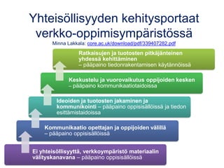 Yhteisöllisyyden kehitysportaat
verkko-oppimisympäristössä
Minna Lakkala: core.ac.uk/download/pdf/339407282.pdf
Ratkaisuje...