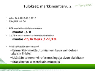 Tulokset: markkinointisivu 2

•   Aika: 24.7.2012-10.8.2012
•   Kävijöitä yht. 34

•   0 % avasi etäesittely-lomakkeen
     –muutos +/- 0
•   11,76 % avasi esimerkki-ilmoittautumissivun
     –muutos -15,16 %-yks. / -56,3 %

•   Mitä kehitetään seuraavaan?
     –Esimerkki-ilmoittautumissivun kuva vaihdetaan
     takaisin linkiksi
     –Lisätään toinen rivi referenssilogoja sivun alalaitaan
     –Etäesittelyn saatetekstin muotoilu
 