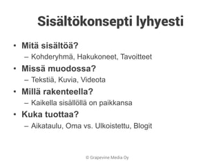 © Grapevine Media Oy
Sisältökonsepti lyhyesti
•  Mitä sisältöä?
–  Kohderyhmä, Hakukoneet, Tavoitteet
•  Missä muodossa?
–  Tekstiä, Kuvia, Videota
•  Millä rakenteella?
–  Kaikella sisällöllä on paikkansa
•  Kuka tuottaa?
–  Aikataulu, Oma vs. Ulkoistettu, Blogit
 