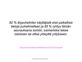 © Grapevine Media Oy
92 % älypuhelinten käyttäjistä etsii paikallisia
tietoja puhelimellaan ja 85 % ryhtyy tämän
seurauksena toimiin, esimerkiksi tekee
ostoksen tai ottaa yhteyttä yritykseen.
http://services.google.com/fh/files/misc/omp-2013-fi-local.pdf
 