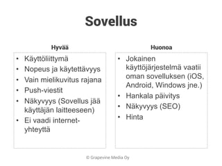 © Grapevine Media Oy
Sovellus
Hyvää
•  Käyttöliittymä
•  Nopeus ja käytettävyys
•  Vain mielikuvitus rajana
•  Push-viestit
•  Näkyvyys (Sovellus jää
käyttäjän laitteeseen)
•  Ei vaadi internet-
yhteyttä
Huonoa
•  Jokainen
käyttöjärjestelmä vaatii
oman sovelluksen (iOS,
Android, Windows jne.)
•  Hankala päivitys
•  Näkyvyys (SEO)
•  Hinta
 