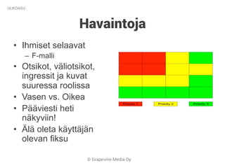 © Grapevine Media Oy
Havaintoja
ULKOASU
•  Ihmiset selaavat
–  F-malli
•  Otsikot, väliotsikot,
ingressit ja kuvat
suuressa roolissa
•  Vasen vs. Oikea
•  Pääviesti heti
näkyviin!
•  Älä oleta käyttäjän
olevan fiksu
 