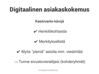 © Grapevine Media Oy
Digitaalinen asiakaskokemus
Keskiverto kävijä
✔ Henkilökohtaista
✔ Merkityksellistä
✔ Myös ”pieniä” asioita mm. viestintää
→ Tunne sivustovierailijasi (kohderyhmät)
 