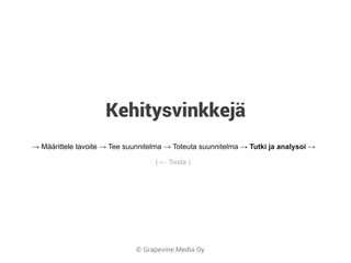 © Grapevine Media Oy
Kehitysvinkkejä
→ Määrittele tavoite → Tee suunnitelma → Toteuta suunnitelma → Tutki ja analysoi →
( ← Toista )
 