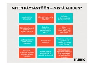 MITEN KÄYTÄNTÖÖN – MISTÄ ALKUUN?

                                                  Johdon
     Auditointi ja     Mittarit kuntoon ja
                                              työseminaarit ja
      pikavoitot            käyttöön
                                              koulutussessiot



                            Sisältöjen              Liidit/
   Sähköpostikanava
                          kehittäminen        kontaktipyynnöt
      kuntoon ja
                         ammattilaisten       kiinni, haltuun ja
    hyötykäyttöön
                              kanssa              käsittelyyn


                                             Testailun kulttuuri
   Ajatteluprosessin
                          Bisnesmallia         käyntiin, saa
     uudistaminen
                            luomaan          erehtyä, jos tulee
       liikkeelle
                                               hyviä oppeja


                                               Asiakaspalvelun
     Pienkehitys
                          Alustauudistus     kipukohdat esiin ja
   kunniaan, palvelu
                          tarvittaessa, ei     itsepalveltaviksi
    pala kerrallaan
                       itsestäänselvyytenä    mahdollisuuksien
       kuntoon
                                                   mukaan
 