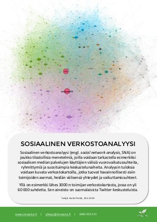 www.innowise.fi | yhteys@innowise.fi | 0400 500 315
SOSIAALINEN VERKOSTOANALYYSI
Sosiaalinen verkostoanalyysi (engl. social network analysis, SNA) on
joukko tilastollisia menetelmiä, joilla voidaan tarkastella esimerkiksi
sosiaalisen median palvelujen käyttäjien välisiä vuorovaikutussuhteita,
ryhmittymiä ja suosituimpia keskustelunaiheita. Analyysin tuloksia
voidaan kuvata verkostokartoilla, jotka tuovat havainnollisesti esiin
toimijoiden asemat, heidän välisensä yhteydet ja vaikuttamissuhteet.
Yllä on esimerkki lähes 3000:n toimijan verkostokartasta, jossa on yli
60 000 suhdetta. Sen aineisto on suomalaisista Twitter-keskusteluista.
Tekijä: Harto Pönkä, 10.5.2019
 