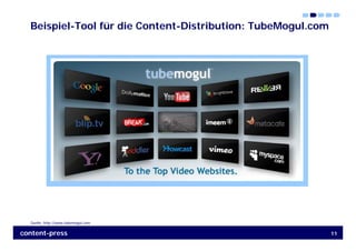Beispiel-Tool für die Content-Distribution: TubeMogul.com




  Quelle: http://www.tubemogul.com

content-press           ...
