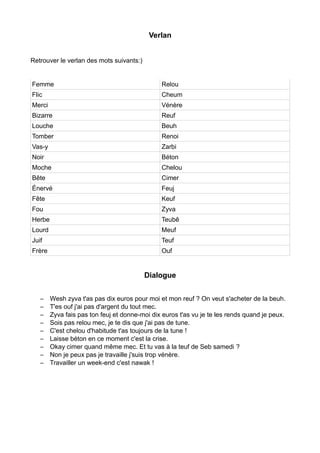 Verlan - Fiche pour la pratique | PDF