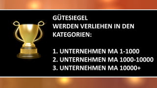 GÜTESIEGEL
WERDEN VERLIEHEN IN DEN
KATEGORIEN:
1. UNTERNEHMEN MA 1-1000
2. UNTERNEHMEN MA 1000-10000
3. UNTERNEHMEN MA 10000+
 