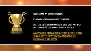 INSGESAMT IM QUALITÄTSTEST:
40 BEWERBERMANAGEMENTSYSTEME
WEITERE DETAILINFORMATION (Z.B. WER AUF DEN
WEITEREN PLÄTZEN STEHT) FINDEN SIE AUF
WWW.COMPETITIVERECRUITING.DE/DEUTSCH
LANDS-BESTE-BEWERBERMANAGEMENT-
SOFTWARE-2016.HTML
 