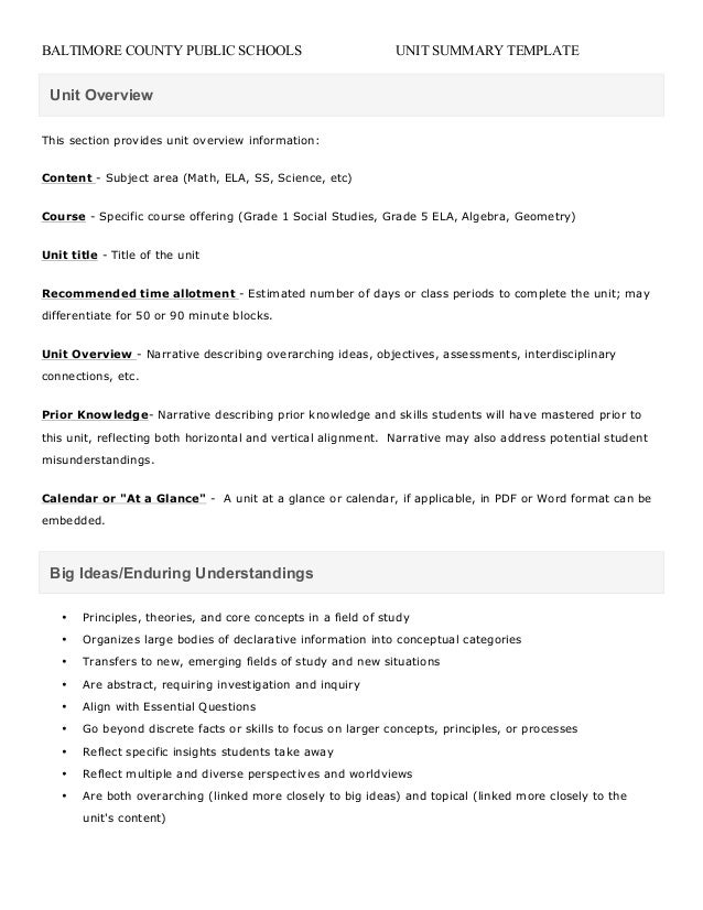 Verletta White BCPS unit summary template
