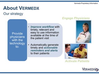 Our strategyAbout VermedxEngage PhysiciansActivate Patients