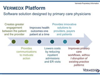 Vermedx PlatformSoftware solution designed by primary care physiciansCreates greater engagement between the patient and the providerProvides innovative solutions to providers, payers and patientsImproves health outcomes one patient at a timeProvides communications to motivate actionImproves primary care workflows, without disruption of existing practice patternsLowers costs by reducing inpatient admissions and ER visits