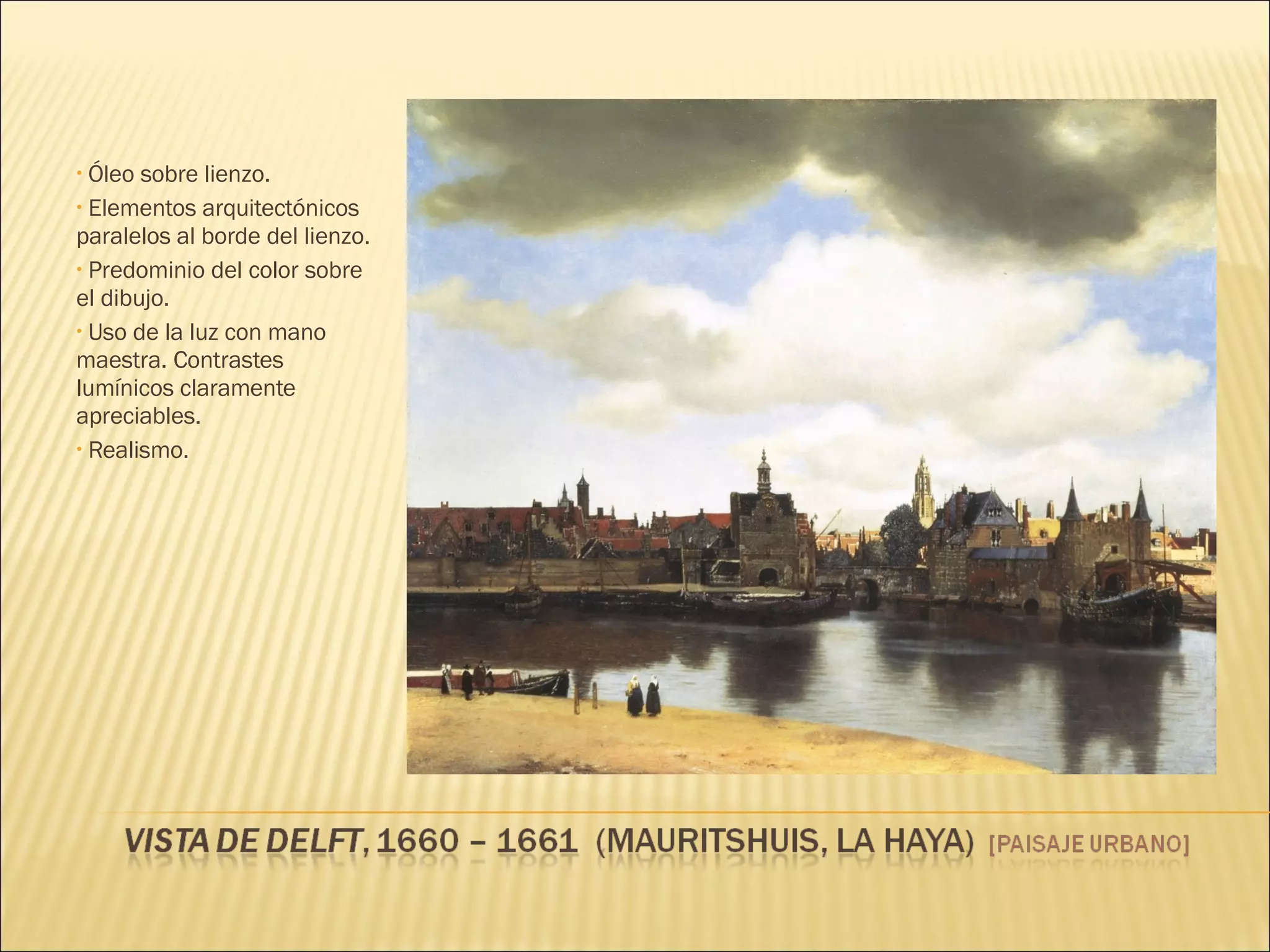 Óleo sobre lienzo. Elementos arquitectónicos paralelos al borde del lienzo. Predominio del color sobre el dibujo. Uso de la luz con mano maestra. Contrastes lumínicos claramente apreciables. Realismo. 