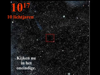 Kijken nu in het oneindige. 10 17 10 lichtjaren 