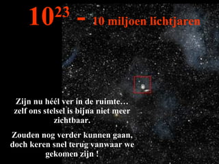 Zijn nu héél ver in de ruimte… zelf ons stelsel is bijna niet meer zichtbaar. Zouden nog verder kunnen gaan, doch keren snel terug vanwaar we gekomen zijn ! 10 23  -  10 miljoen lichtjaren 