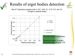 SLOPE and BiRT Hyperspectral Imaging Workshop - BOKU-UFT , Tulln Austria, 20th March 201512
Results of ergot bodies detection
Set of 7 laboratory samples with 0 0,01 0,05 0,1 0,15 0,5 and 1%
of ergot in cleaned wheat
Corrective factor weight/area
Reference value: % weight
Predicted value: % area * 0,8
 