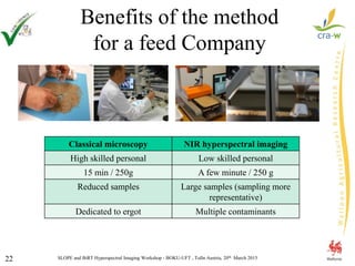 SLOPE and BiRT Hyperspectral Imaging Workshop - BOKU-UFT , Tulln Austria, 20th March 201522
Benefits of the method
for a feed Company
Classical microscopy NIR hyperspectral imaging
High skilled personal Low skilled personal
15 min / 250g A few minute / 250 g
Reduced samples Large samples (sampling more
representative)
Dedicated to ergot Multiple contaminants
 