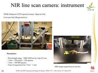 SLOPE and BiRT Hyperspectral Imaging Workshop - BOKU-UFT , Tulln Austria, 20th March 201528
NIR line scan camera: instrument
SWIR ImSpector N25E spectral camera (Specim Ltd)
Conveyor belt (Burgermetrics)
Parameters
- Wavelength range: 1000-2500 nm by step of 6 nm
- 1 line = 320 pixels = 320 spectra
- 1 box = 100 000 spectra
- Time of acquisition for 1 box= 1 min
NIR image acquisition of one box
 