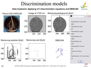 SLOPE and BiRT Hyperspectral Imaging Workshop - BOKU-UFT , Tulln Austria, 20th March 201530
Data treatment: Applying of 3 discrimination equations and DBSCAN
Image at 1720 nmPicture DQ110053-08 Removing background (Eq1)
Removing substrat (Eq2) Removing root (Eq3) DBSCAN
Discrimination models
 
