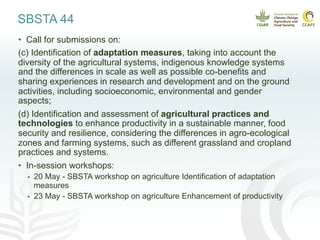 SBSTA 44
•  Call for submissions on:
(c) Identification of adaptation measures, taking into account the
diversity of the a...