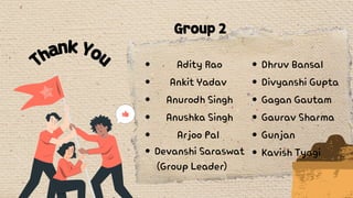 ThankYou
Group 2
Adity Rao
Ankit Yadav
Anurodh Singh
Anushka Singh
Arjoo Pal
Devanshi Saraswat
(Group Leader)
Dhruv Bansal
Divyanshi Gupta
Gagan Gautam
Gaurav Sharma
Gunjan
Kavish Tyagi
 