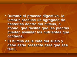  Durante el proceso digestivo, laDurante el proceso digestivo, la
lombriz produce un agregado delombriz produce un agregado de
bacterias dentro del humus, obacterias dentro del humus, o
abono, que facilita que las plantasabono, que facilita que las plantas
puedan asimilar los nutrientes quepuedan asimilar los nutrientes que
contiene.contiene.
 El humus es la vida del suelo yEl humus es la vida del suelo y
debe estar presente para que seadebe estar presente para que sea
fértil.fértil.
 