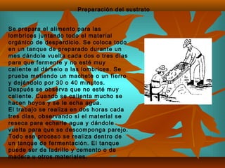 Se prepara el alimento para las
lombrices juntando todo el material
orgánico de desperdicio. Se coloca todo
en un tanque de preparado durante un
mes dándole vuelta cada dos o tres días
para que fermente y no esté muy
caliente al dárselo a las lombrices. Se
prueba metiendo un machete o un fierro
y dejándolo por 30 o 40 minutos.
Después se observa que no esté muy
caliente. Cuando se calienta mucho se
hacen hoyos y se le echa agua.
El trabajo se realiza en dos horas cada
tres días, observando si el material se
reseca para echarle agua y dándole
vuelta para que se descomponga parejo.
Todo ese proceso se realiza dentro de
un tanque de fermentación. El tanque
puede ser de ladrillo y cemento o de
madera u otros materiales.
Preparación del sustrato
 