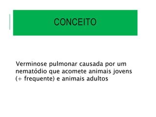 CONCEITO
Verminose pulmonar causada por um
nematódio que acomete animais jovens
(+ frequente) e animais adultos
 