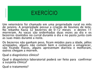 EXERCÍCIO
Um veterinário foi chamado em uma propriedade rural no mês
de janeiro. A propriedade possui a criação de bovinos de leite.
No rebanho havia 32 bezerros de 0-12 meses e destes 11
morreram. As vacas são ordenhadas duas vezes ao dia e os
bezerros mantidos no curral durante o dia e no pasto junto com
as suas mães durante a noite.
Os bezerros não ganham peso, ficam miúdos para a idade, pêlos
arrepiados, alguns não comem bem e começam a emagrecer,
vão ficando fracos, alguns apresentam diarreia e melhoram,
outros chegam a morrem.
Qual o diagnóstico clínico?
Qual o diagnóstico laboratorial poderá ser feito para confirmar
a suspeita clínica?
Qual o tratamento?
 