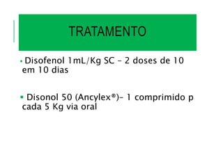 TRATAMENTO
 Disofenol 1mL/Kg SC – 2 doses de 10
em 10 dias
 Disonol 50 (Ancylex®)– 1 comprimido p
cada 5 Kg via oral
 