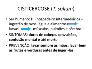 CISTICERCOSE (T. solium)
• Ser humano: HI (hospedeiro intermediário) –
ingestão de ovos (água e alimentos)
larvas músculos, pulmões e cérebro.
• SINTOMAS: dores de cabeça, convulsões,
confusão mental e até morte
• PREVENÇÃO: lavar sempre as mãos; lavar bem
as frutas e verduras antes de ingerí-las
 